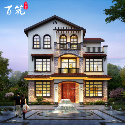 农村三层别墅设计图纸乡村二层半自建房地中海风格房屋漂亮 CAD设计图源码下载
